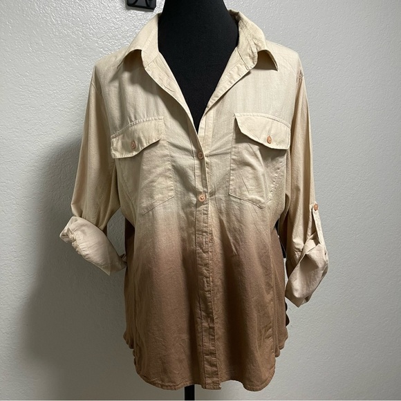 Caribbean Joe Brown Ombré Rolled Sleeve Button Up Size Large - Picture 1 of 5